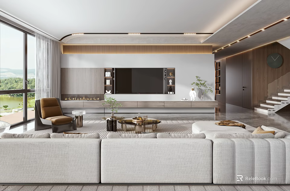 Modern Living Room Interior With Light Sofa TV Wall Coffee Table And Large Windows 3d model 