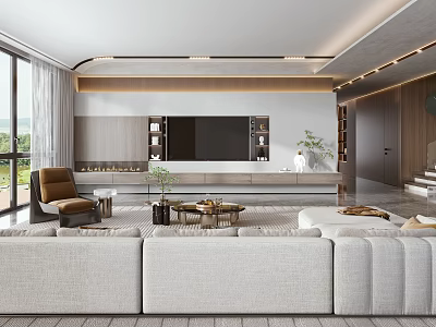 Modern Living Room Interior With Light Sofa TV Wall Coffee Table And Large Windows 3d model