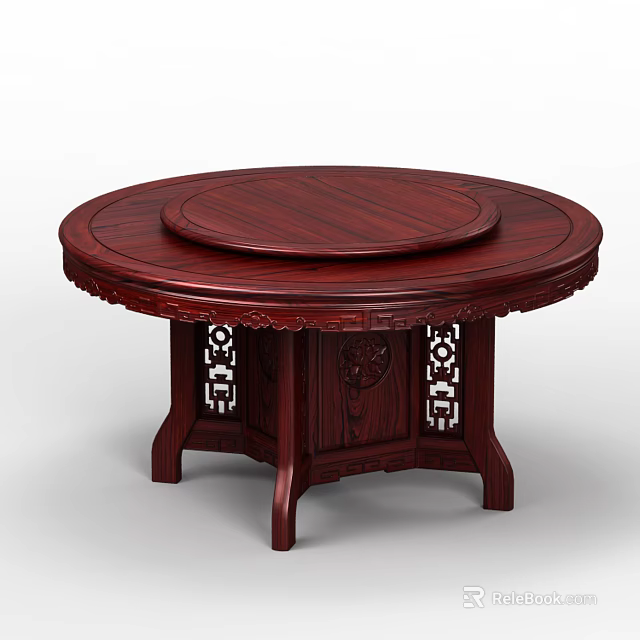 Traditional Chinese Mahogany Round Dining Table With Carved Surface And Openwork Leg Patterns 3d model
