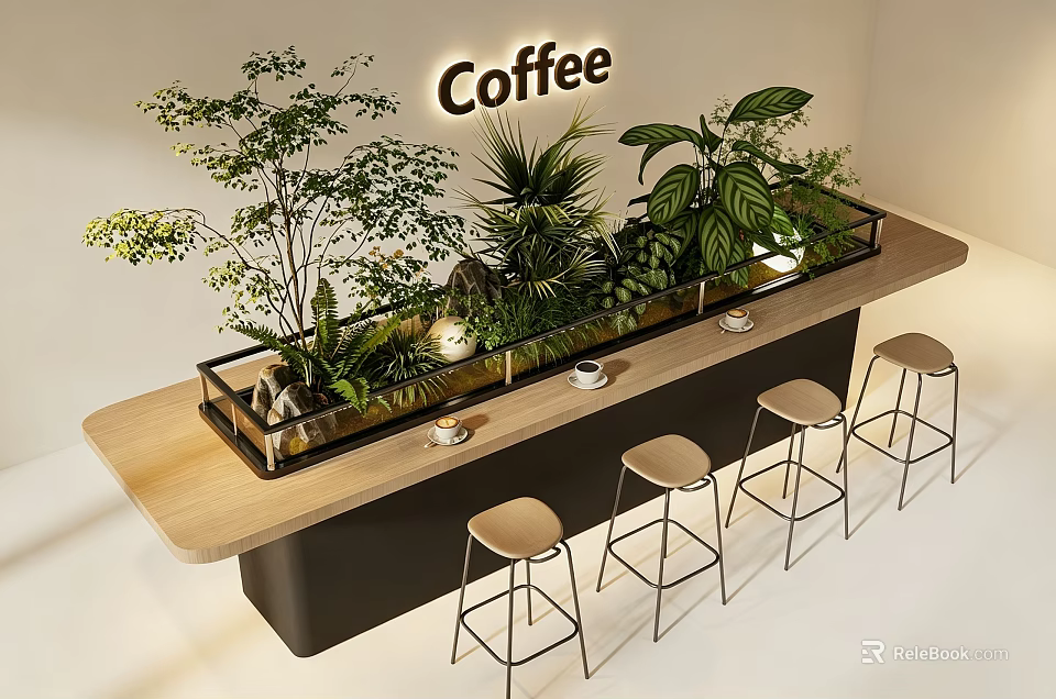 Modern Wooden Coffee Bar Counter With Lush Green Indoor Plants And Comfortable Bar Stools 3d model 