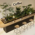 Modern Wooden Coffee Bar Counter With Lush Green Indoor Plants And Comfortable Bar Stools