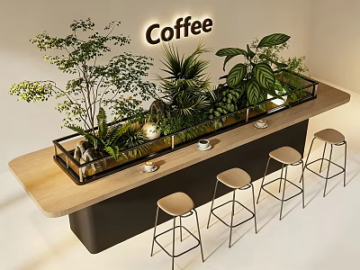 Modern Wooden Coffee Bar Counter With Lush Green Indoor Plants And Comfortable Bar Stools 3d model