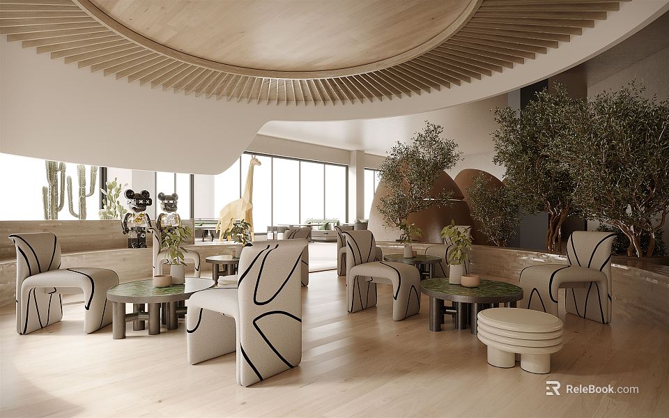 Modern Leisure Area Interior Design With Cozy Sofas Round Tables And Green Plants 3d model 