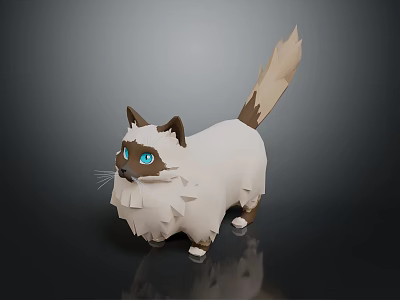 Origami Style Cat With Blue Eyes White And Brown Fur Fluffy Tail Standing Pose 3d model