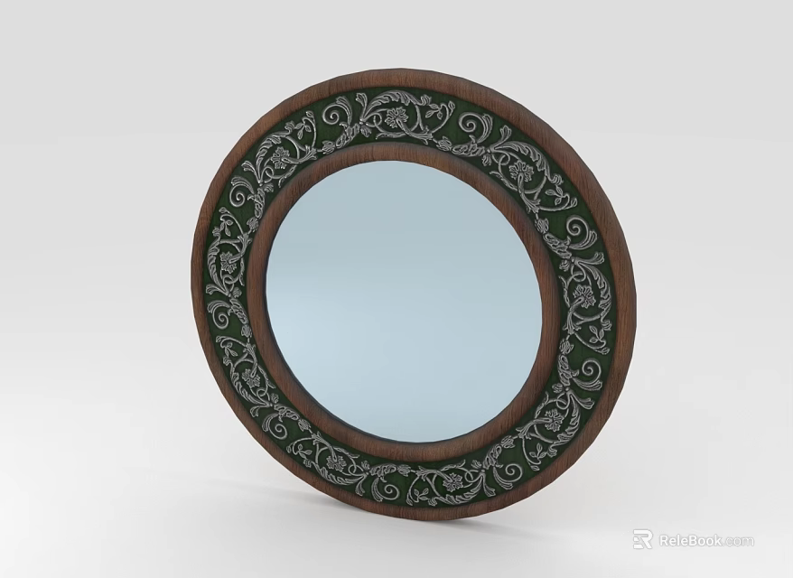 Round Decorative Mirror with Intricate White Floral Pattern on Brown Wooden Frame 3d model 