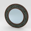 Round Decorative Mirror with Intricate White Floral Pattern on Brown Wooden Frame
