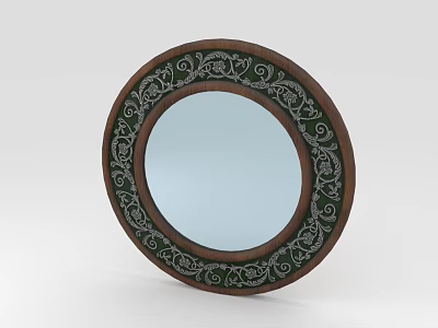 Round Decorative Mirror with Intricate White Floral Pattern on Brown Wooden Frame 3d model