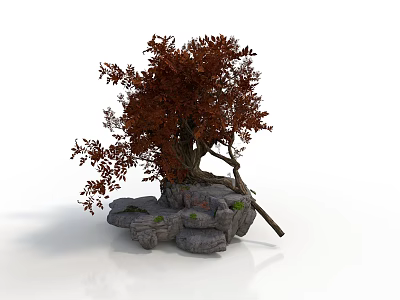 Red Leaf Decorative Tree with Natural Branches on Stone Base and Green Moss 3d model