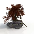 Red Leaf Decorative Tree with Natural Branches on Stone Base and Green Moss