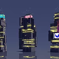 Future Architecture Featuring Tall Complex Structures Glowing Yellow Lines And Colorful Displays