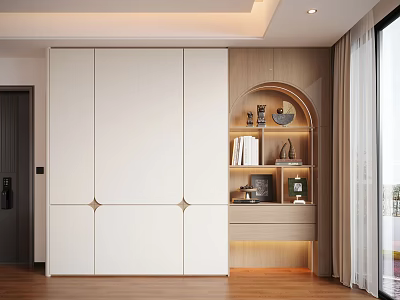 Modern White Decorative Cabinet With Arched Open Shelf And Ornaments In Bright Room 3d model