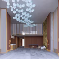Modern Hotel Lobby Interior With White Spherical Pendant Lights Golden Decorations And Marble Flooring