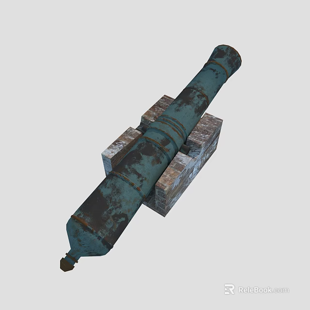 Rusted Old Cannon With Green Black Rust On Barrel And Brick Base 3d model 