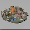 Colorful Coastal Village Houses On Rocky Shore With Boats Trees And Water