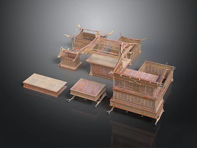 Traditional Chinese Architecture Wooden Model Components With Roof And Frame Structures 3d model