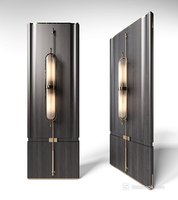 Modern Decorative Wall Lamps With Slender Glass Shades On Dark Wood Panels 3d model 