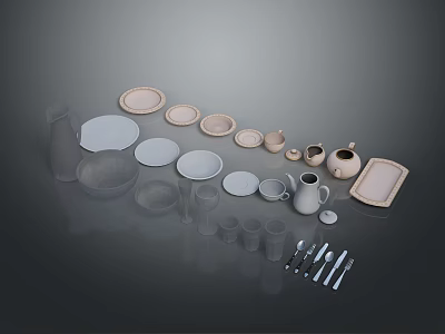 Everyday Household Essentials Including Plates Bowls Cups Pitchers Trays And Cutlery Set 3d model