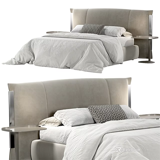 Double Bed Light Gray Upholstered Headboard Metal Frame White Bedding Geometric Accent Pillow Side Nightstand 3d model 