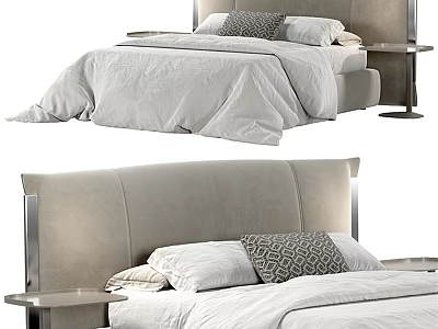 Double Bed Light Gray Upholstered Headboard Metal Frame White Bedding Geometric Accent Pillow Side Nightstand 3d model