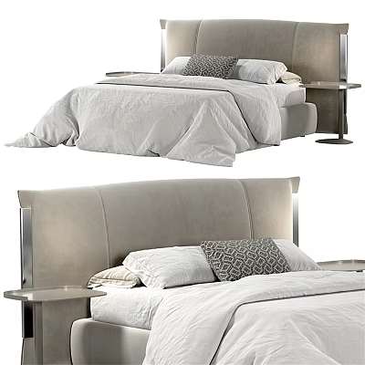 Double Bed Light Gray Upholstered Headboard Metal Frame White Bedding Geometric Accent Pillow Side Nightstand 3d model