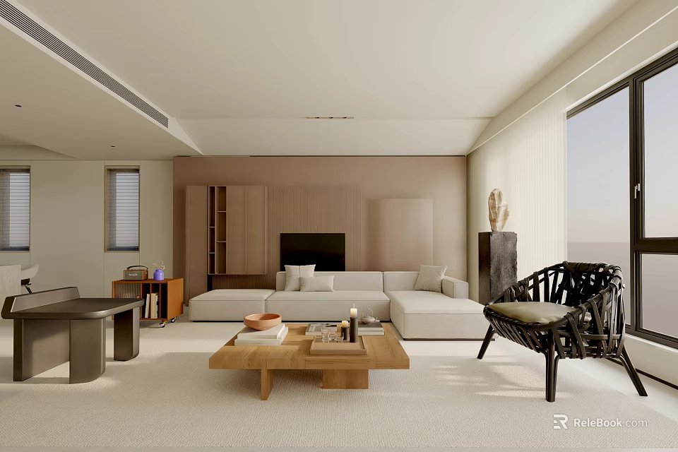Modern Living Room Interior With White Sofa Wooden Coffee Table And Floor To Ceiling Windows 3d model 