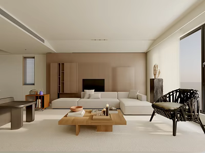 Modern Living Room Interior With White Sofa Wooden Coffee Table And Floor To Ceiling Windows 3d model