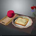 Pink Round Cheese on Wooden Tray with Cheese Toast Plate and Red Flowers in Vase