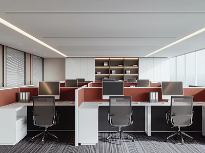 Modern Office Interior With Open Workspace Cubicles Computers Bookshelves And Floor to Ceiling Windows 3d model