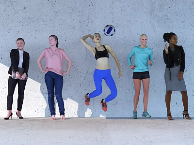 Group of Women with One Jumping to Hit Volleyball and Others Standing 3d model