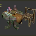Rustic Wooden Furniture Set With Round Table Chair Books Scrolls And Clay Pot