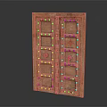 Vintage Wooden Double Doors With Metal Rivets And Red Decorative Symbol