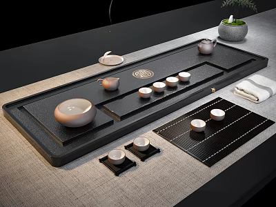 Minimalist Ceramic Tea Set With Black Tray Multiple Tea Cups On Table 3d model