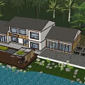Modern Boutique Hotel Building With Waterfront View Lush Greenery And Large Glass Windows