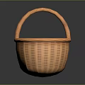 Cute Kitten Resting In Orange Woven Basket With Handle On Dark Surface