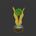 Golden Trophy Design With Winged Body Wheel Center And Black Base