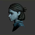 3D Character Female Head Model With Brown Hair Blue Shirt And Serious Expression