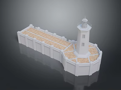 White Lighthouse Architectural Structure With Fenced Design And Stone Paved Ground Surface 3d model
