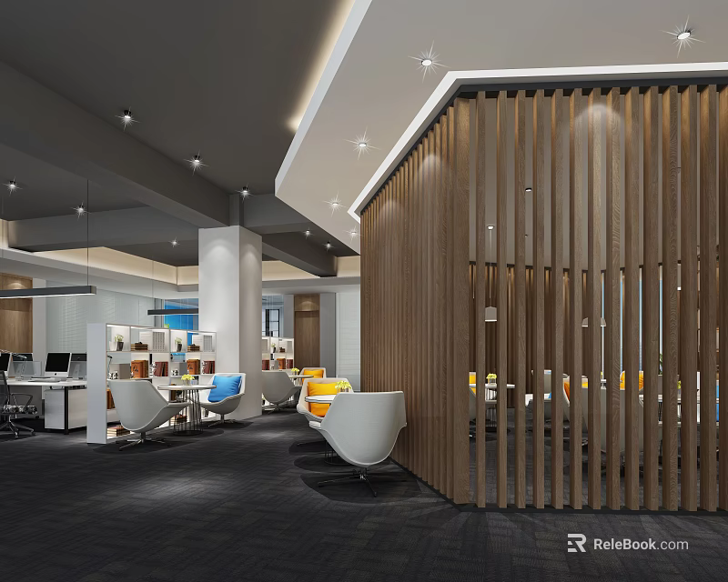 Modern Office Lounge Area With Wooden Slat Partition And Comfortable Chairs 3d model 