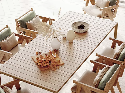 Striped Wooden Outdoor Table with Cushioned Chairs and Dried Flower Vase in Bright Patio 3d model