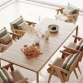 Striped Wooden Outdoor Table with Cushioned Chairs and Dried Flower Vase in Bright Patio