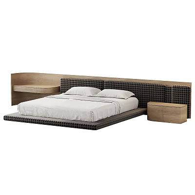Modern Contemporary Double Bed Design With Upholstered Headboard And Wooden Nightstands 3d model