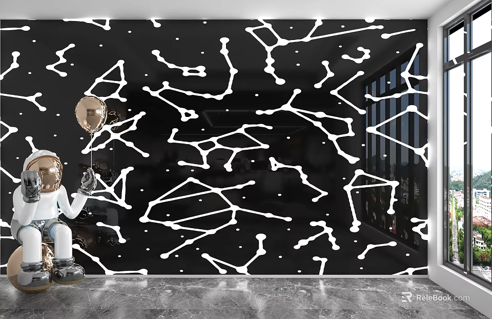 Black Background Wall Featuring White Geometric Lines Astronaut Doll Gold Balloon Gray Floor And Window 3d model 