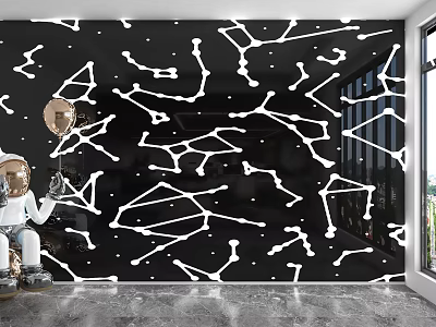 Black Background Wall Featuring White Geometric Lines Astronaut Doll Gold Balloon Gray Floor And Window 3d model