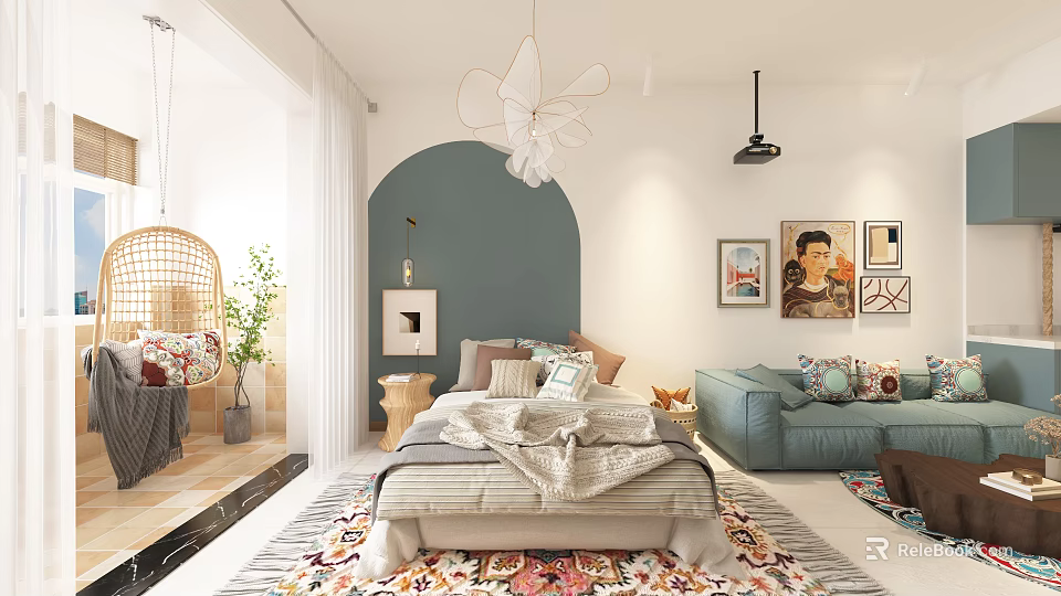 Modern Apartment Interior With Combined Bedroom Living Room Bed Sofa Colorful Rug Artwork And Plants 3d model 