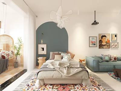 Modern Apartment Interior With Combined Bedroom Living Room Bed Sofa Colorful Rug Artwork And Plants 3d model