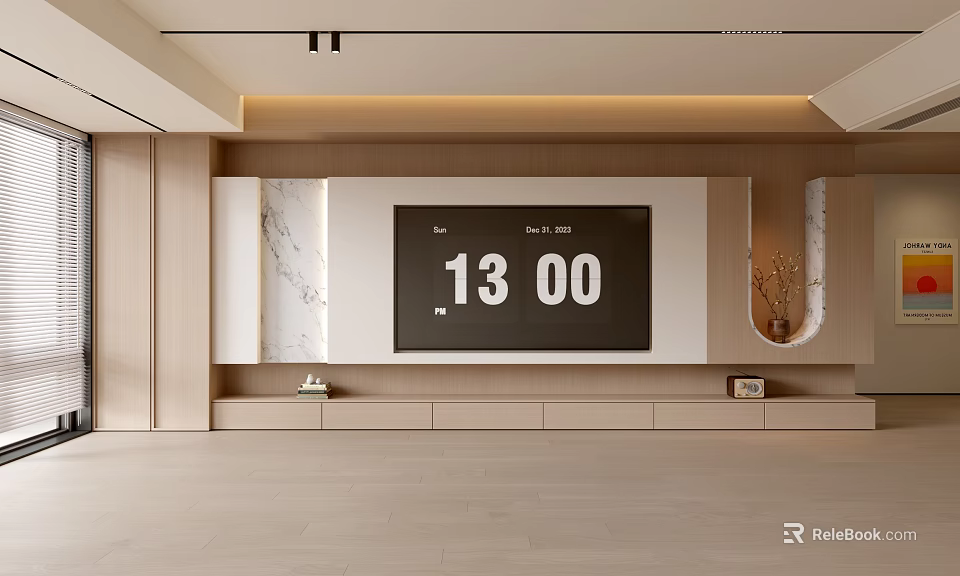 Modern Living Room Interior With Warm Lighting Marble TV Wall And Decorative Elements 3d model 