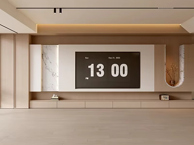 Modern Living Room Interior With Warm Lighting Marble TV Wall And Decorative Elements 3d model