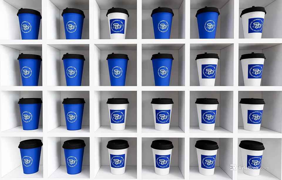 Blue and White Cups With Blue Logo Black Lids Neatly Arranged on White Grid Shelves 3d model 