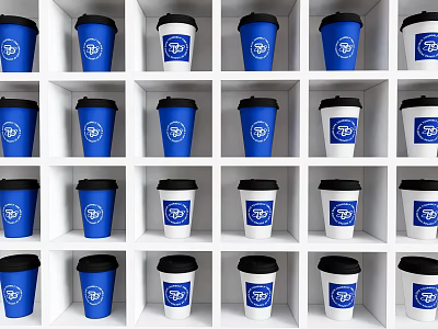 Blue and White Cups With Blue Logo Black Lids Neatly Arranged on White Grid Shelves 3d model
