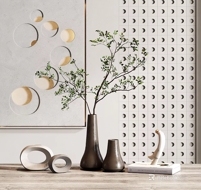 Green Branches in Dark Brown Vases on Wooden Tabletop White Wall Circular Holes Decorative Paintings 3d model 